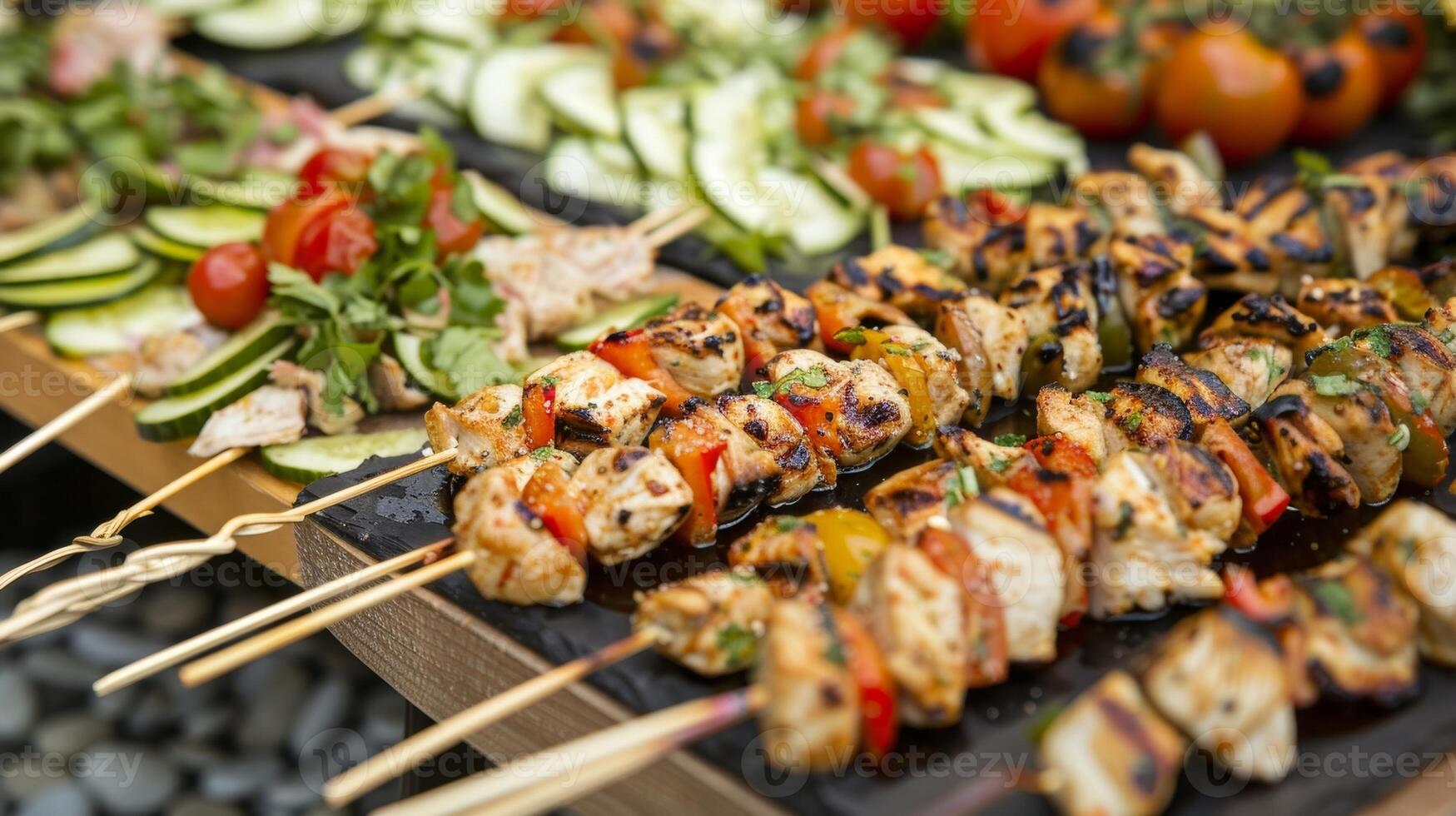 A selection of healthy appetizers and snacks such as grilled chicken skewers and cucumber and tomato bruschetta being offered at the event alongside traditional bar snacks photo