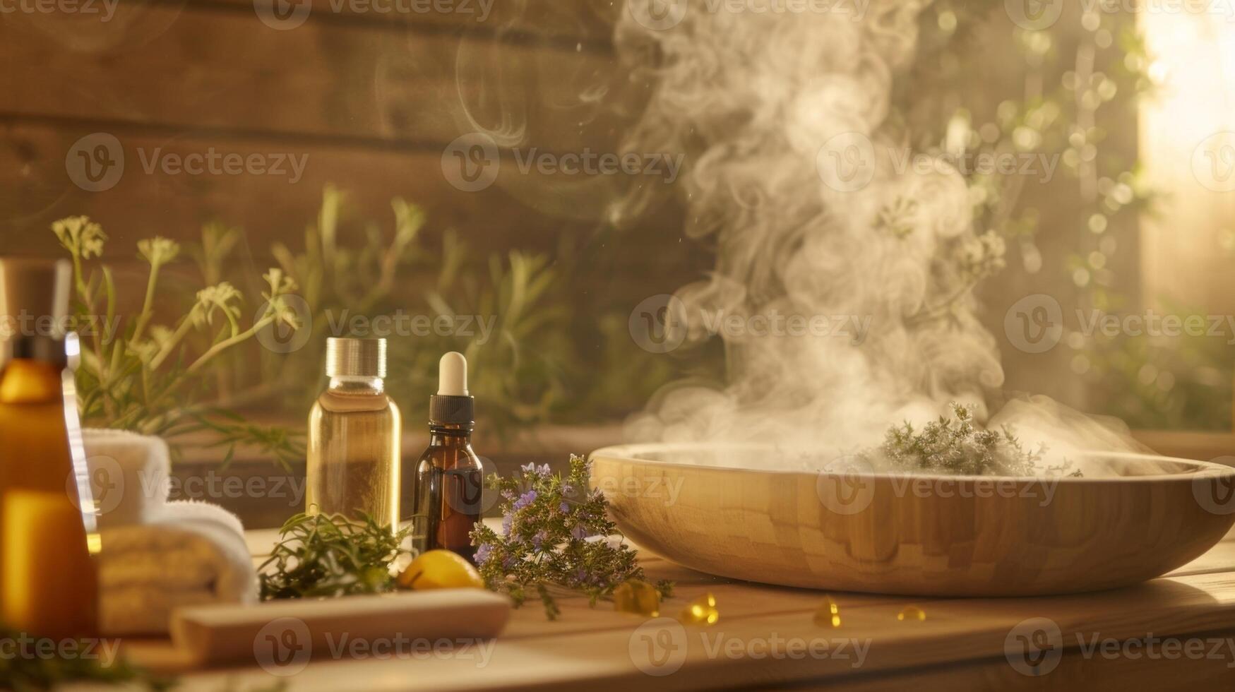 The steam swirls around a sauna organizer as they carefully lay out detoxifying herbs and oils ready for a postfestivity sauna session. photo