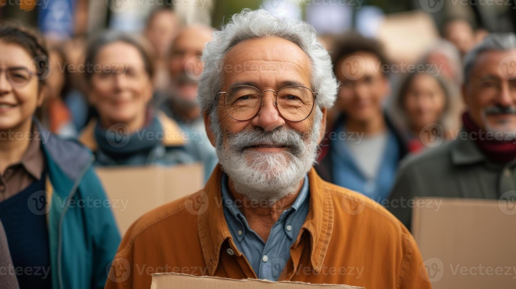 A team of retirees holding up banners and posters marching in solidarity for a charity walk promoting equal rights and inclusion for individuals with disabilities photo