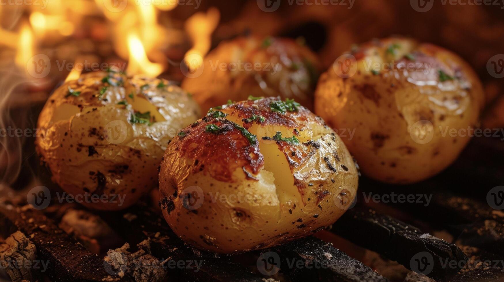 Bright orange embers provide the perfect heat to cook these Fireside Baked Potatoes to crispy perfection making them the ultimate comfort food on a chilly night photo