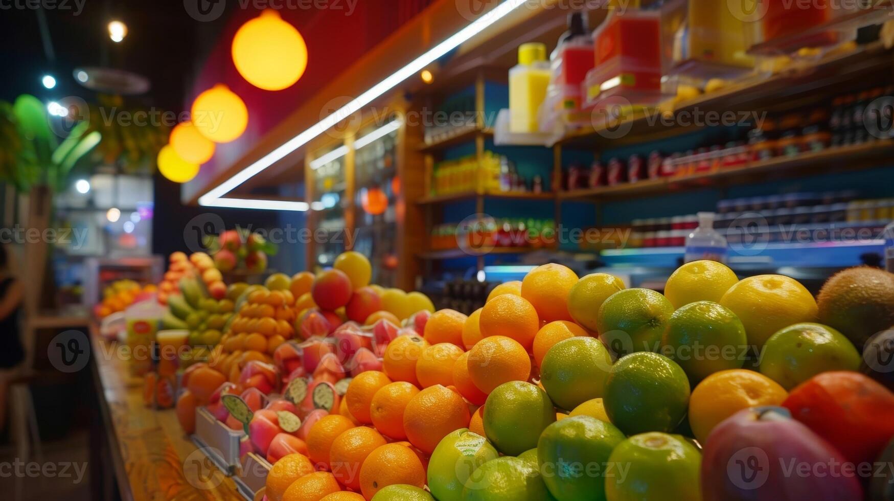 vibrantemente de colores frutas línea el mostrador de un bullicioso surgir jugo tienda foto