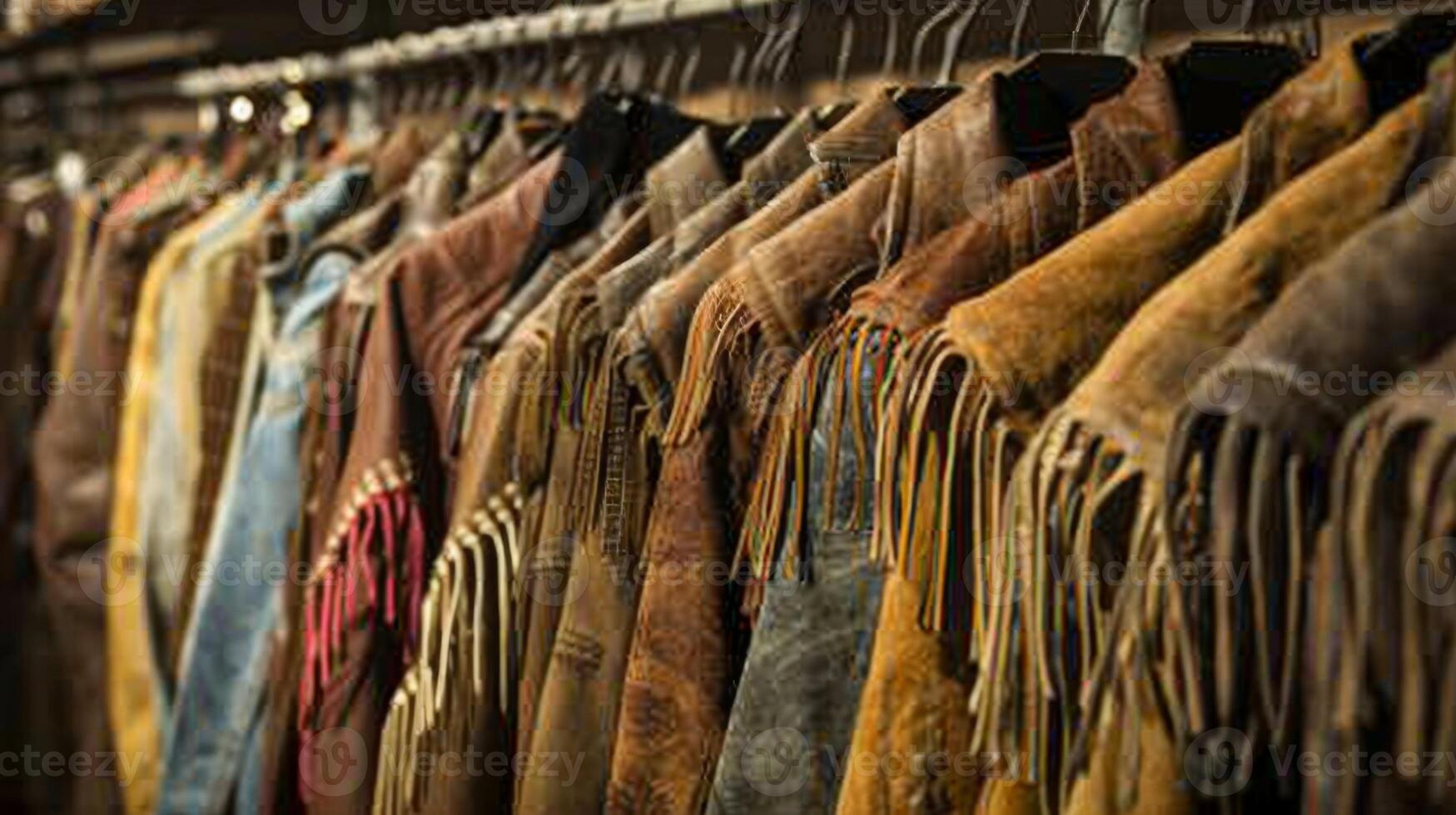 An aisle lined with rows of fringed suede jackets a staple in any Westerninspired wardrobe photo
