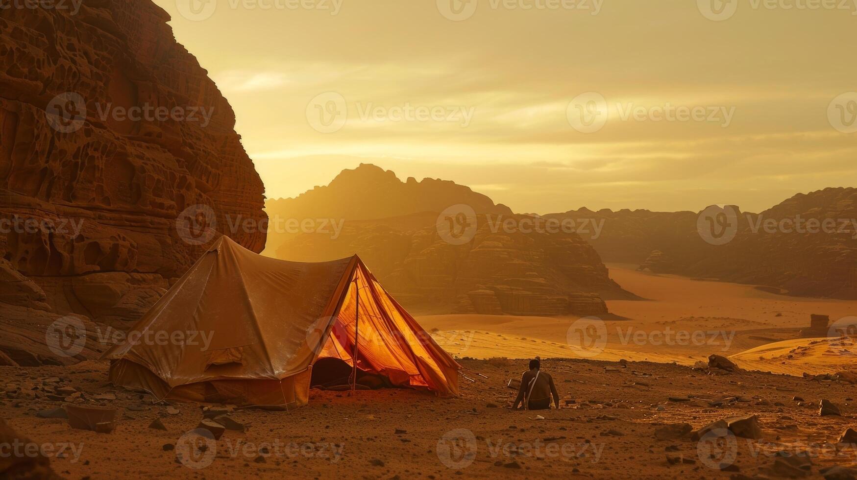 un viajero caminatas mediante el flameante calor de un Desierto agradecido para el oasis de un sauna tienda conjunto arriba por un simpático tribu. foto