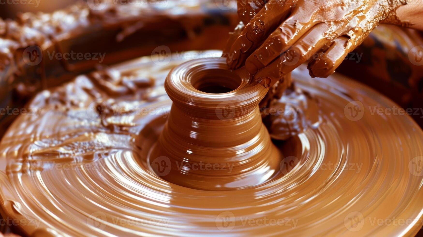 A potters wheel spins as skilled hands work to shape a lump of clay into a tall vase. photo