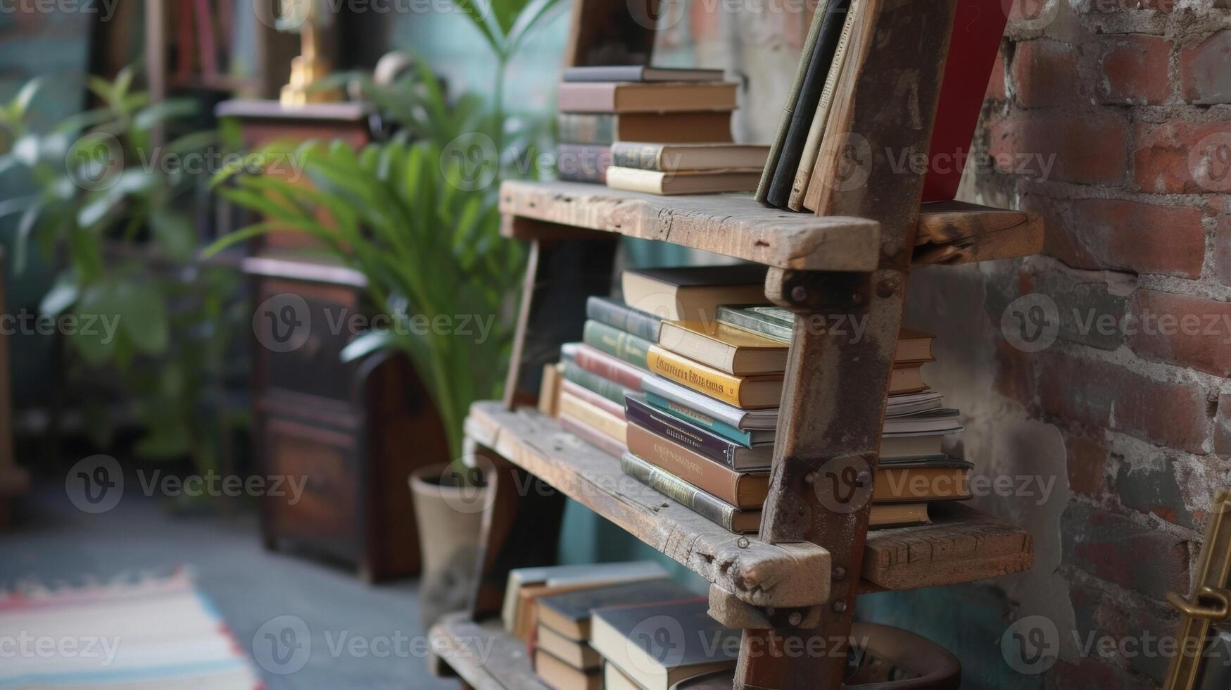 An old ladder has been transformed into a unique and functional bookshelf with each step serving as a shelf for books and decor photo