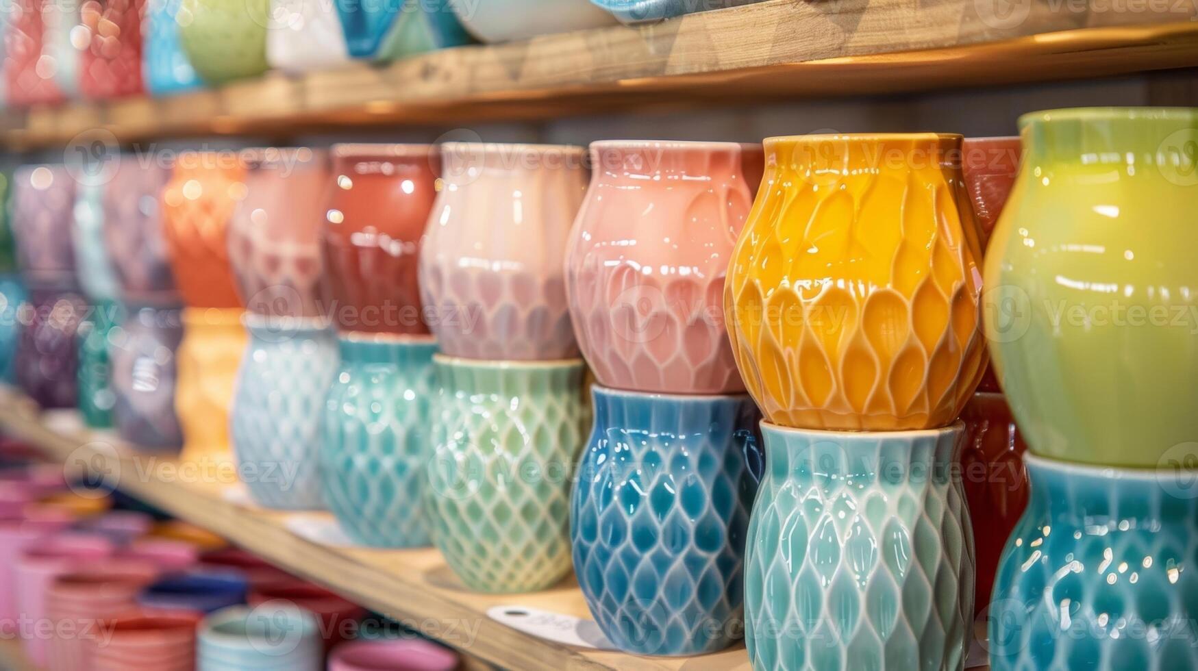 A shelf filled with a colorful array of completed ceramic lamp bases ready to be used as decor. photo