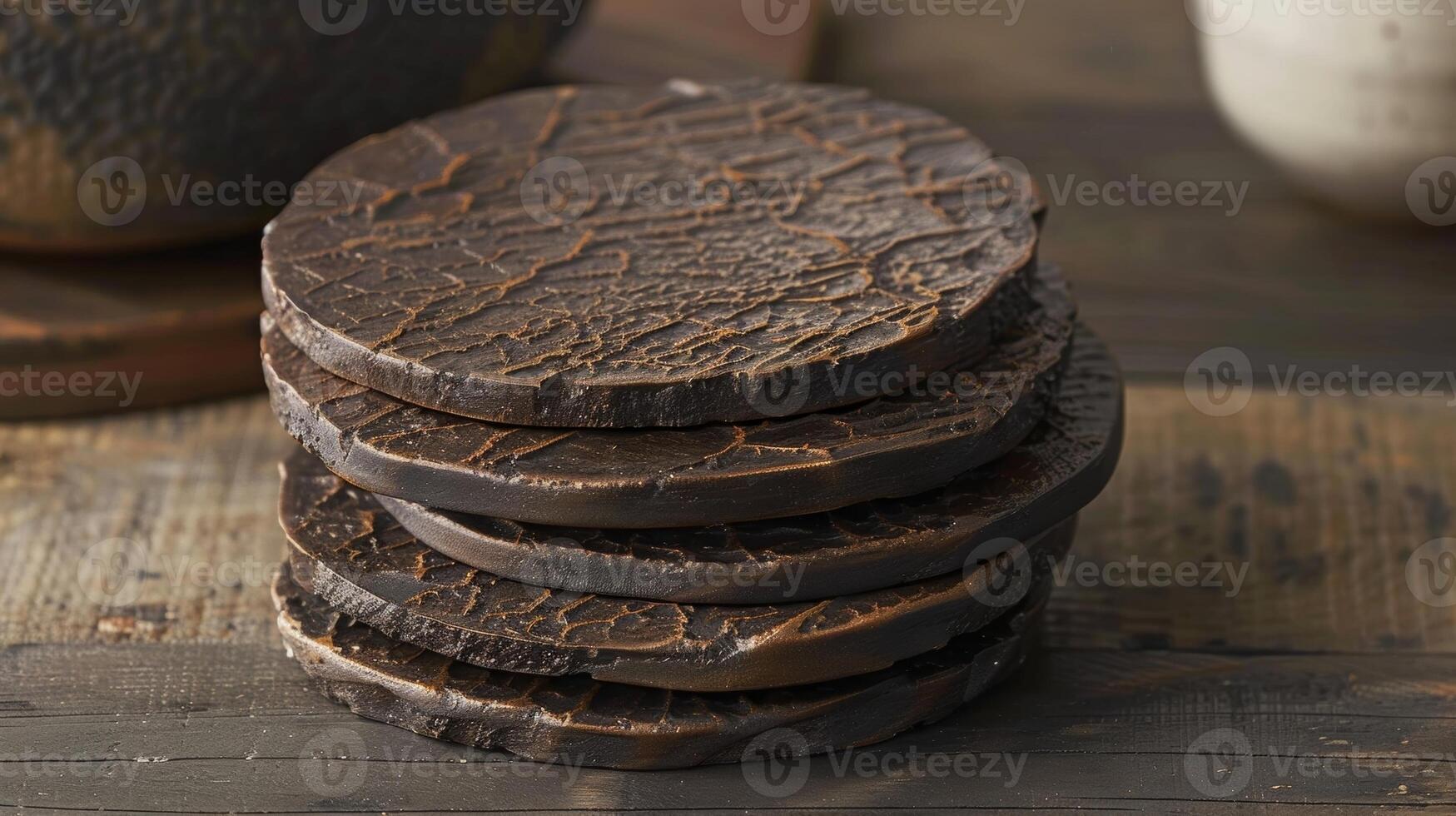 A set of ceramic coasters with a textured surface mimicking the roughness of a trees bark adding a rustic and tactile element to any table setting. photo