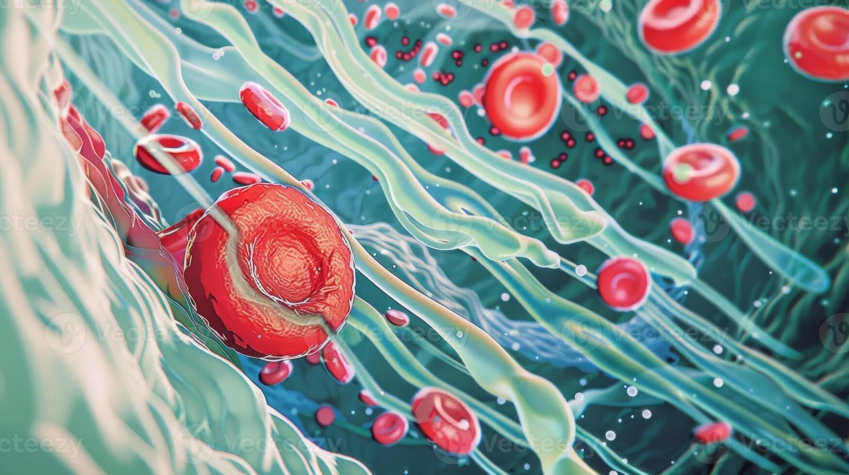 un ilustrado diagrama de rojo células fluido libremente mediante claro abierto vasos significando el positivo efectos de calor terapia. foto