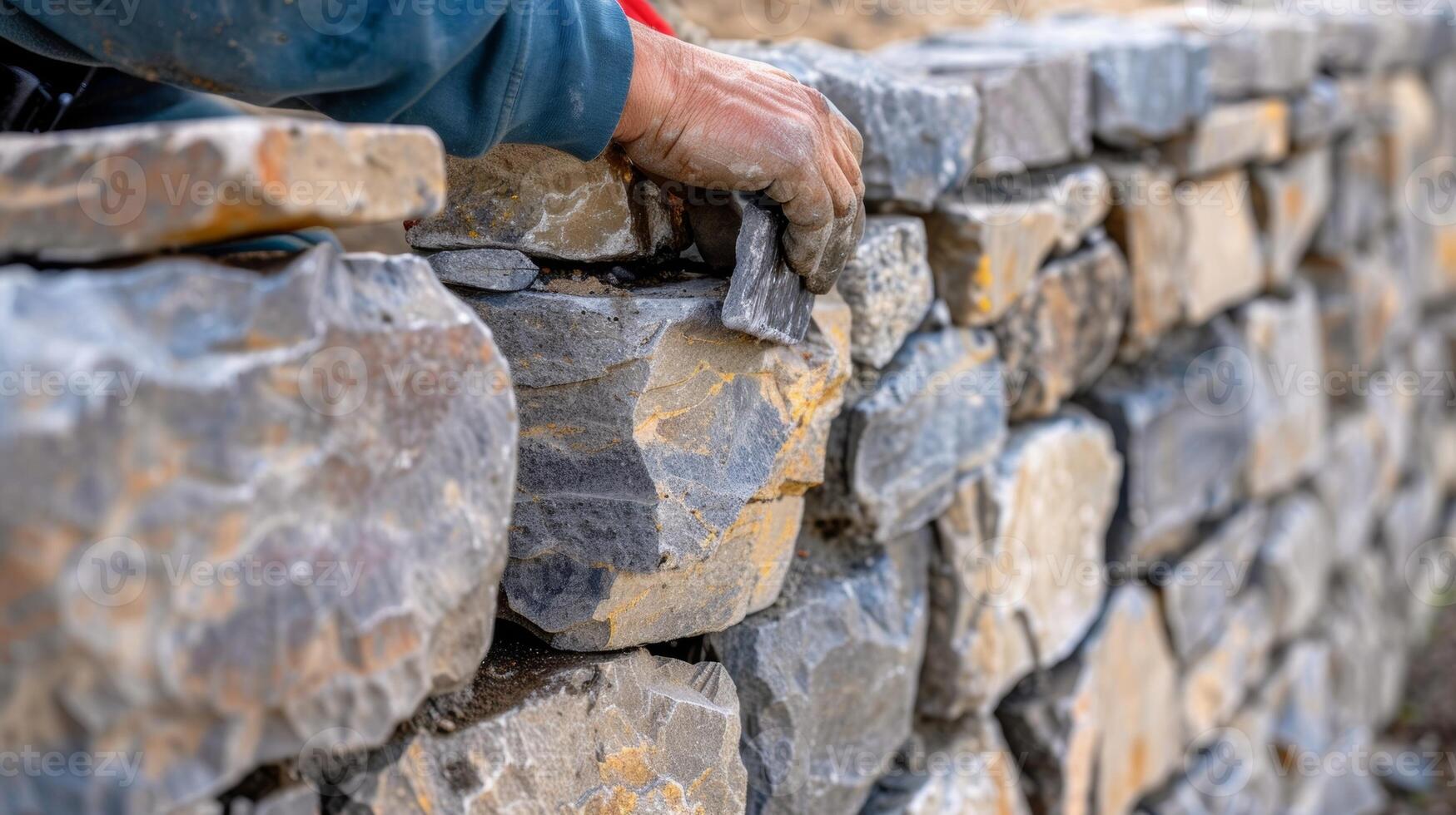 A worker installing decorative stones along the top of the wall to add a finishing touch to the structure photo