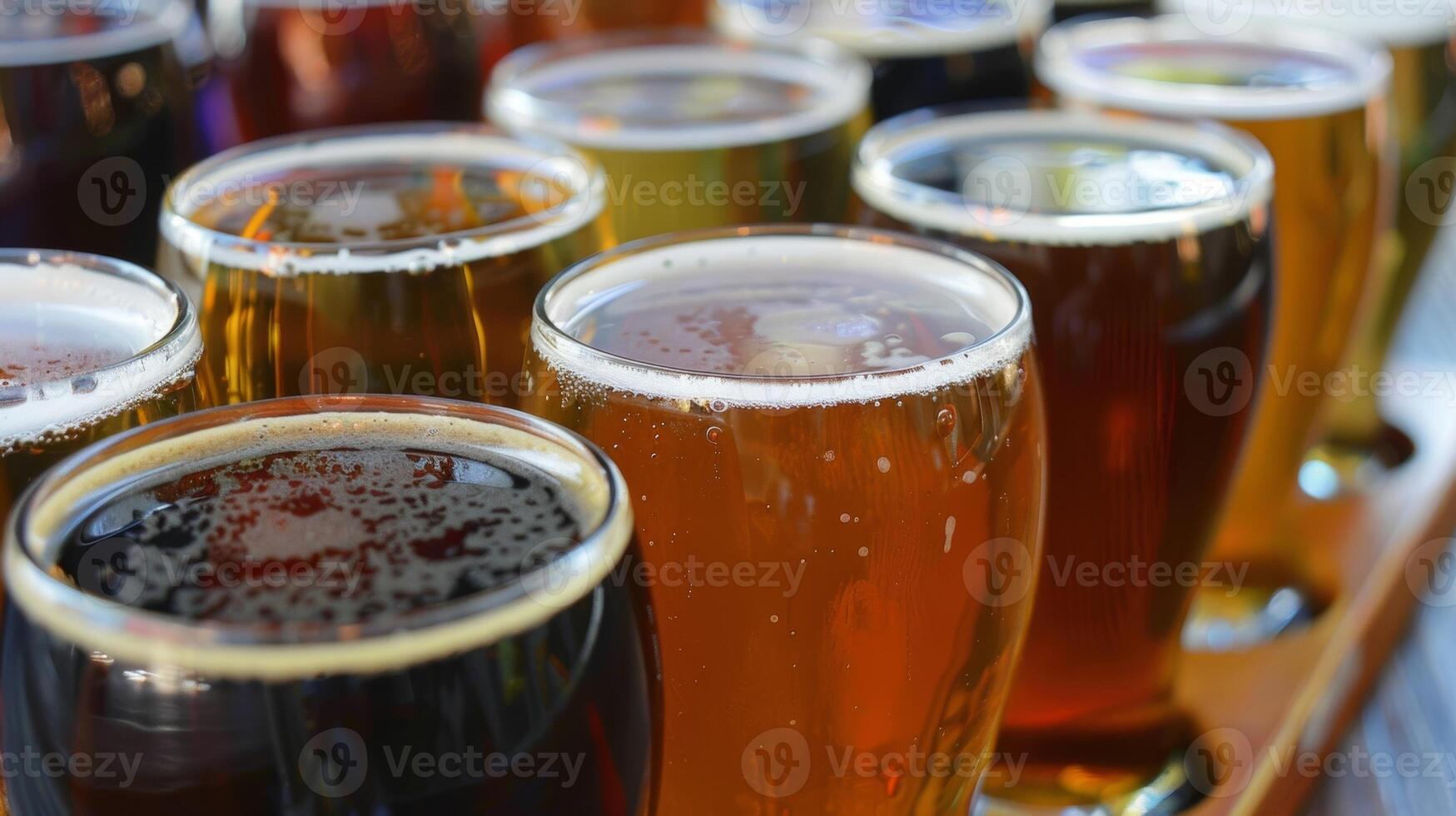 un de cerca de un vuelo de no alcohólico cervezas exhibiendo el diverso colores y sabores de cada único elaborar cerveza foto