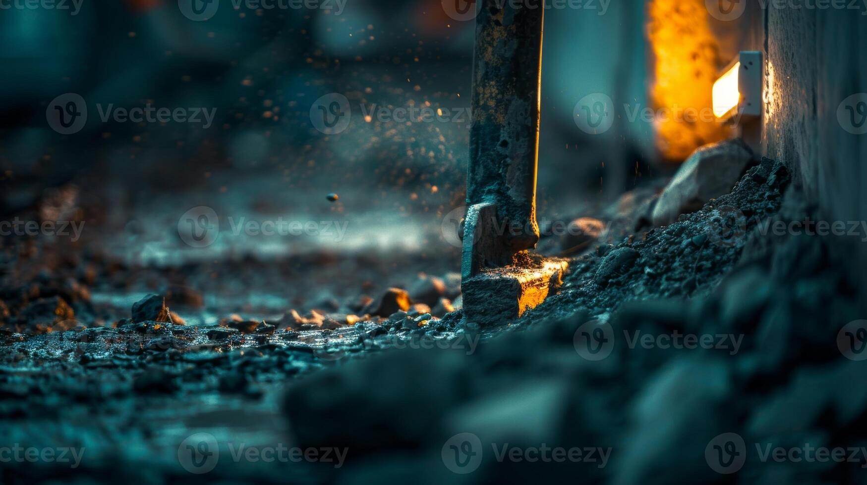 The powerful glow of a jackhammer pierces through the darkness signaling the tireless efforts of construction workers to build the city of tomorrow photo