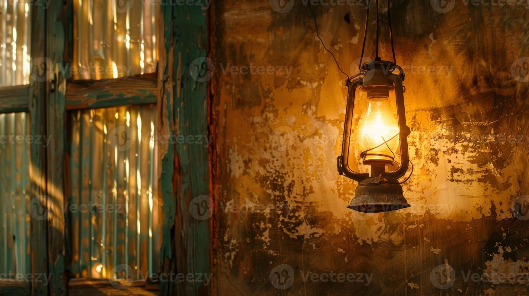 An old oil lamp hangs by the window casting a golden glow on the canvases propped up against the wall. 2d flat cartoon photo