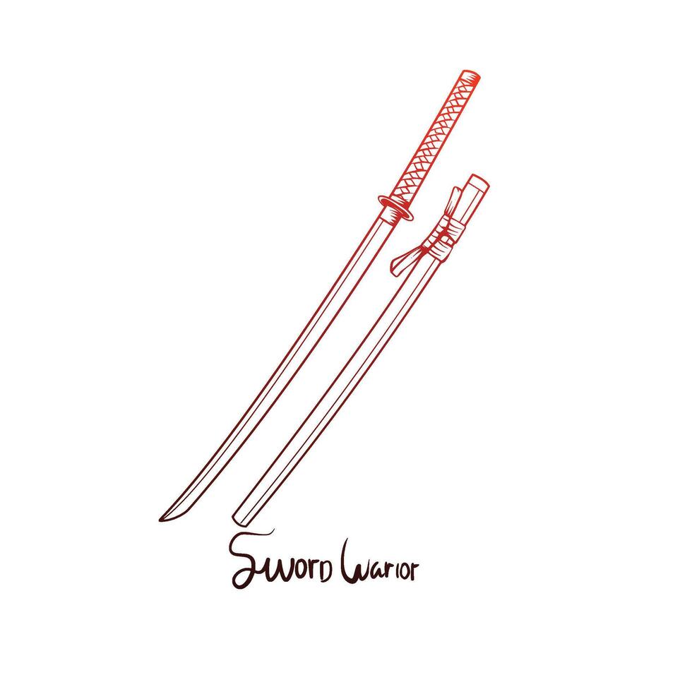 un rojo y blanco dibujo de un espada y un espada empuñadura vector