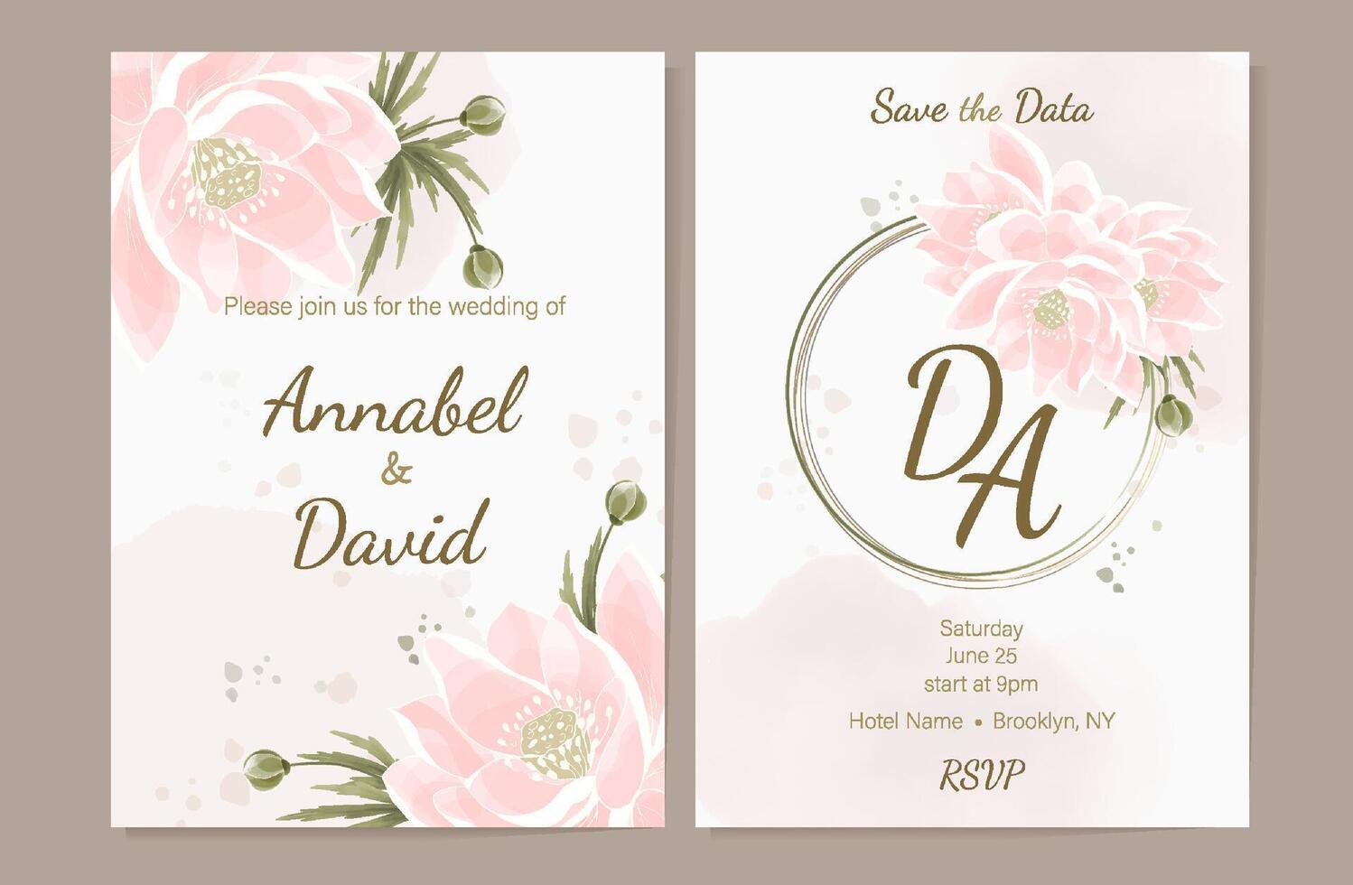 Versatile templates for holiday and anniversary invitation cards. Delicate watercolor wedding invitations with pink lotuses. Round frame- wreath of twigs and lotuses. . vector