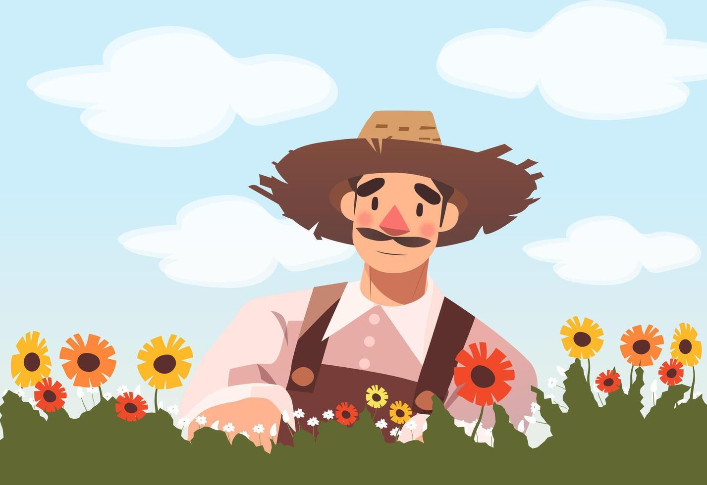 Rural farmer with colorful flowers in beautiful green garden with blue sky landscape cartoon illustration vector