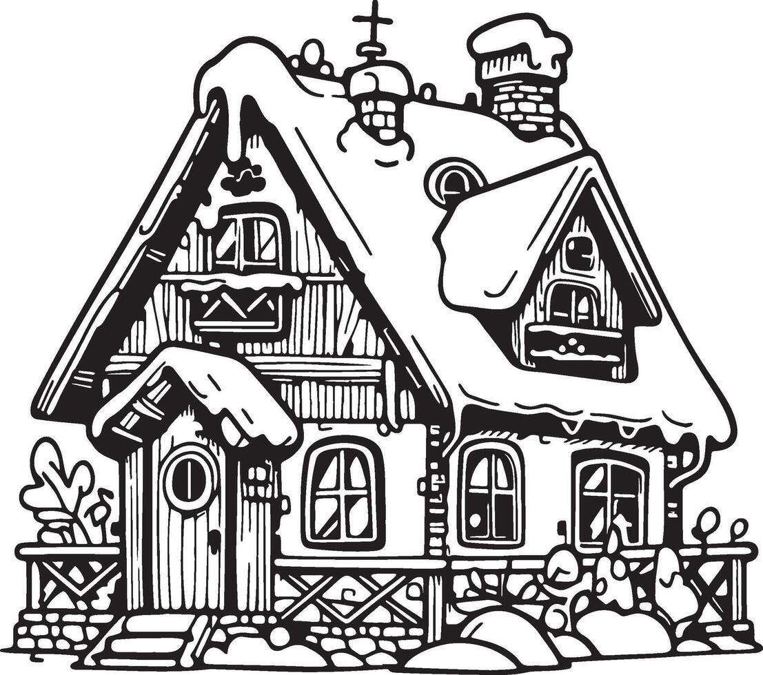 Winter House Sketch Drawing. vector