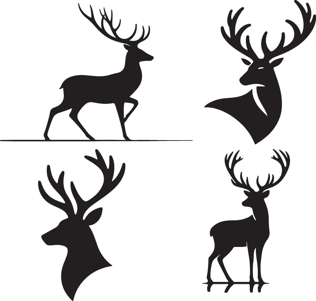 Set of wild deer silhouettes in flat style isolated on white background. illustration vector