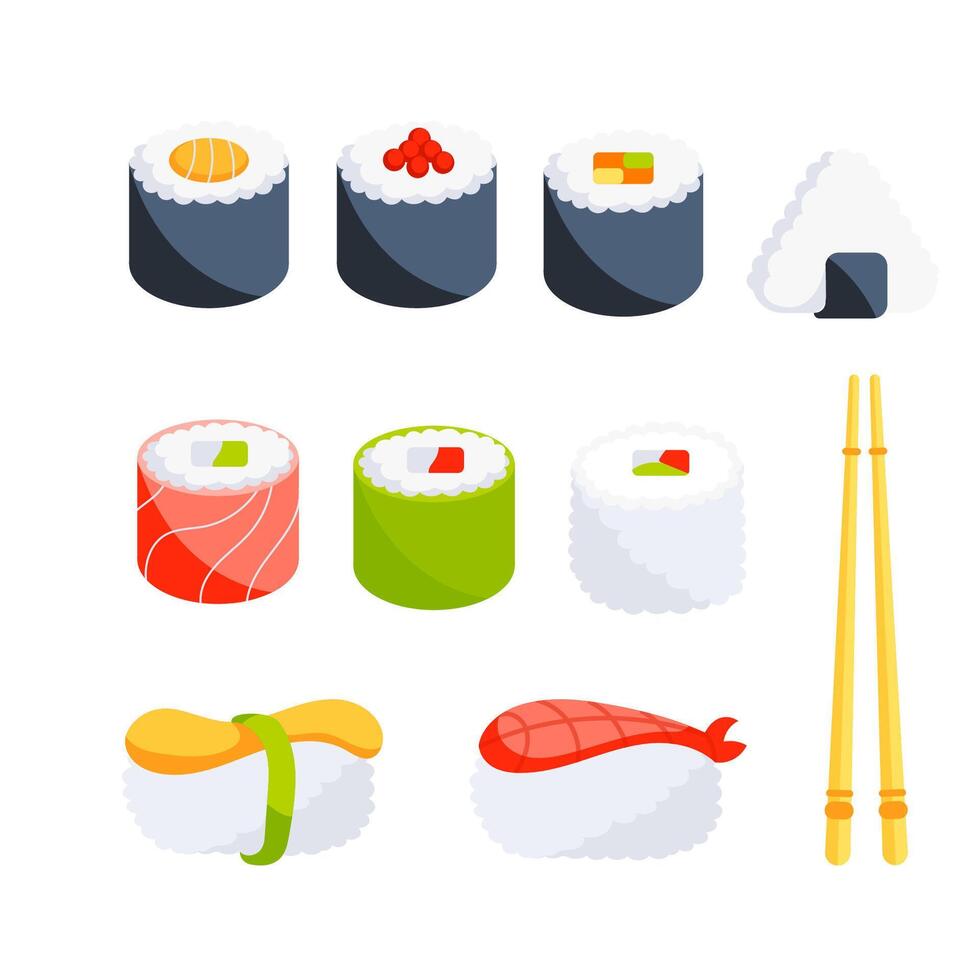 Japanese sushi rolls set. Cartoon seafood dish. Rice wrapped in nori seaweed. vector