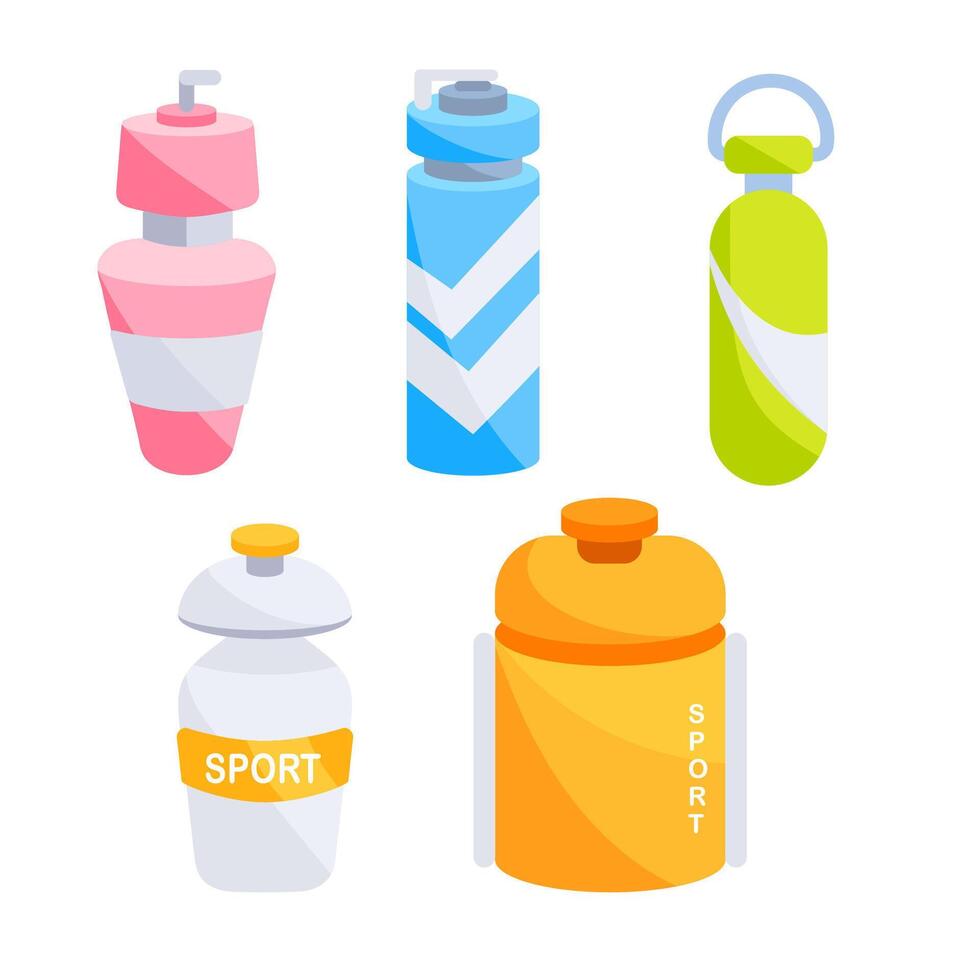 conjunto Deportes agua botellas en blanco antecedentes. atleta accesorio, aptitud física. vector