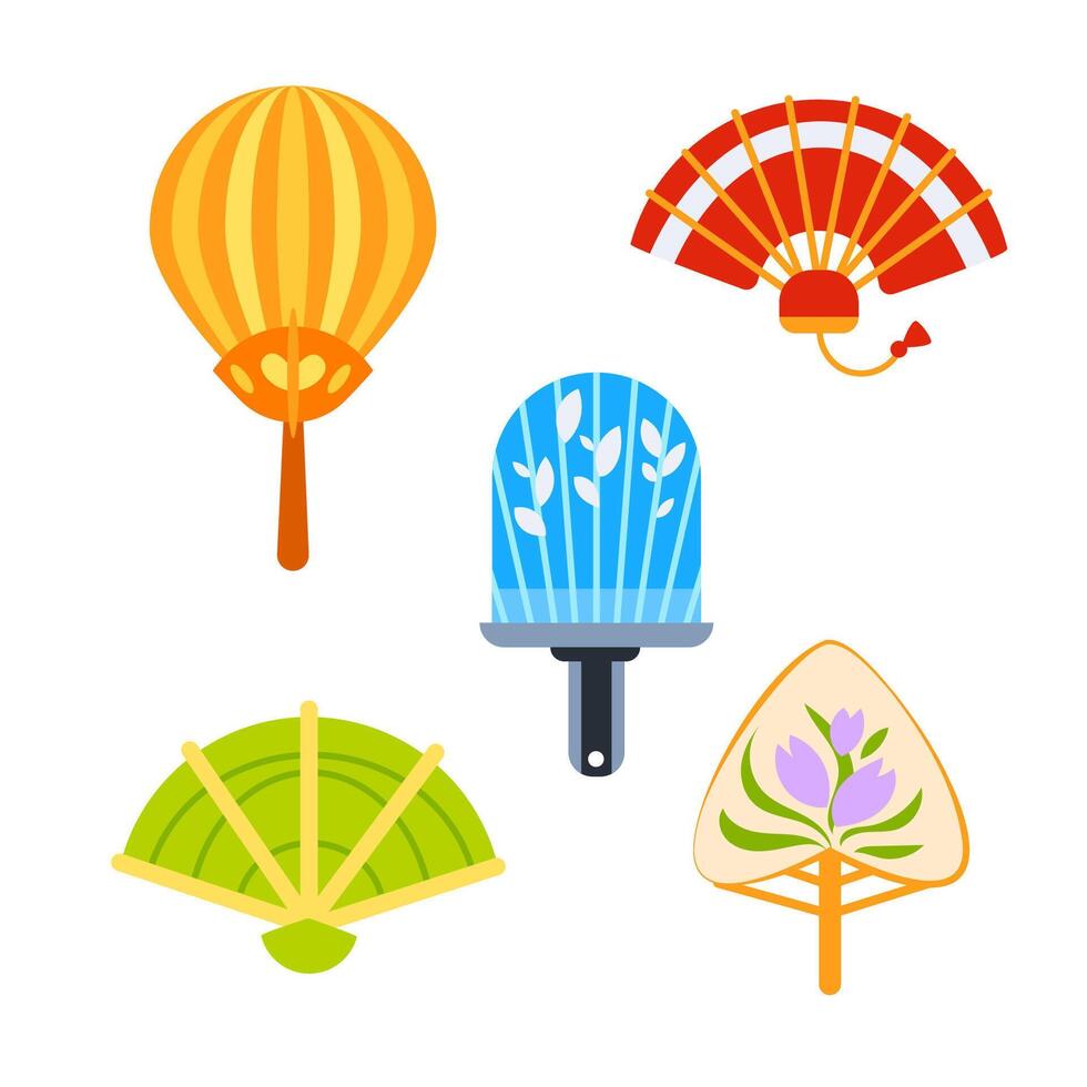 Hand paper fan set. Chinese Handheld folding fan. Asian traditional folding hand fan vector