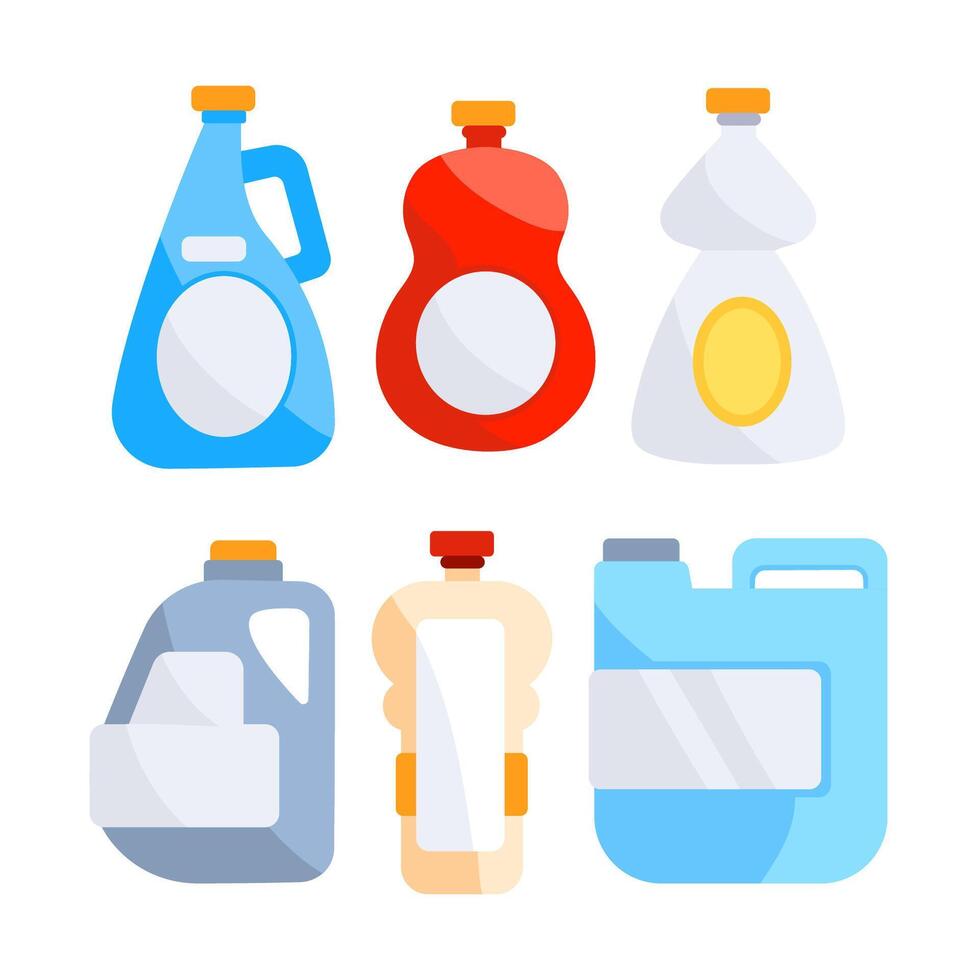 Detergent bottles set. Chemical liquid soap and bleach for cleaning. Household tool items vector