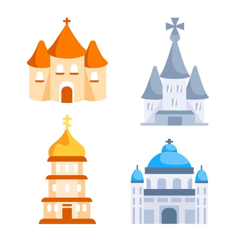 Church icons set. Religion Architecture buildings with glass windows vector