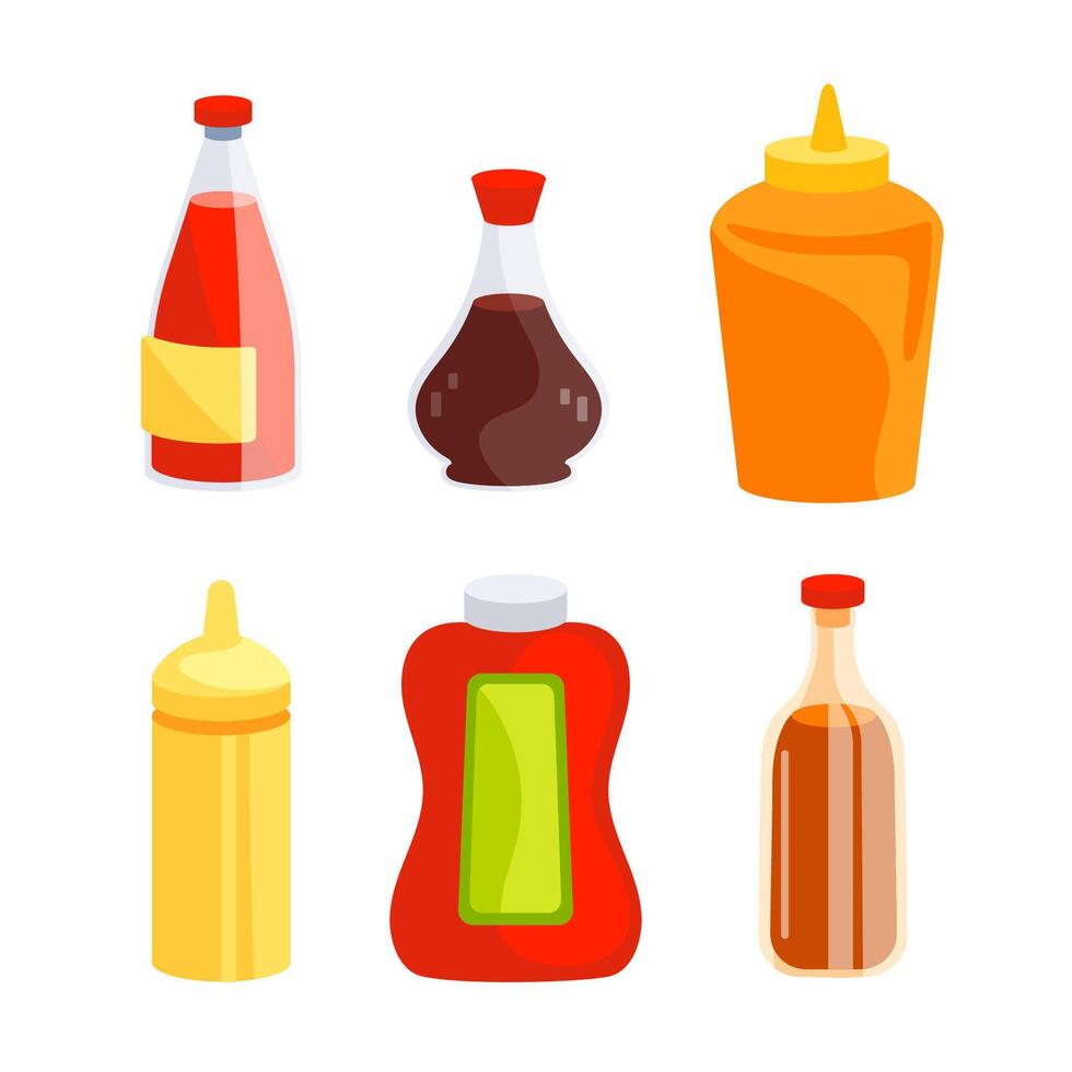 Sauce bottles Set. Collection of condiments including ketchup, mustard, and mayonnaise vector
