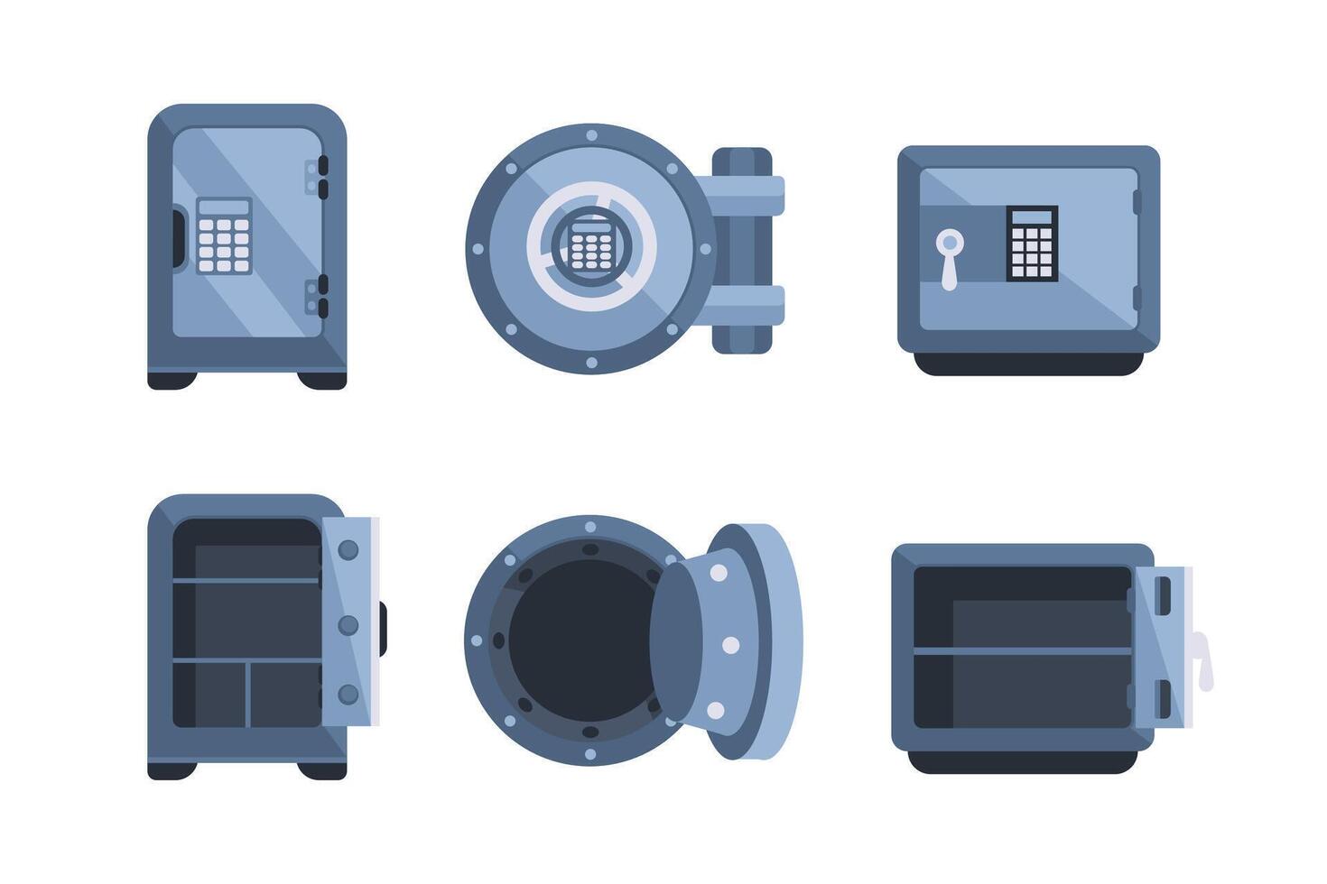 Bank metal vault and safes with open and closed doors. Safe boxes. Secure cash storage vector