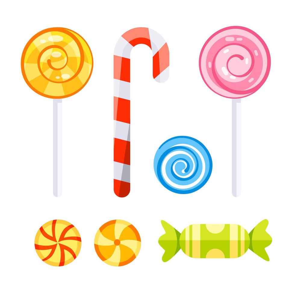 Sweetmeats Set. Hard candy, candy cane, lollipop. vector