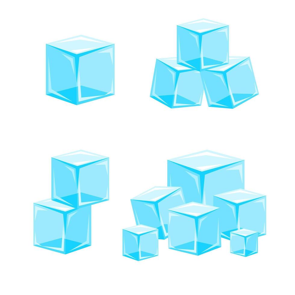 Ice cubes set. Blue frozen water. Stack of iced cubes for cocktails vector