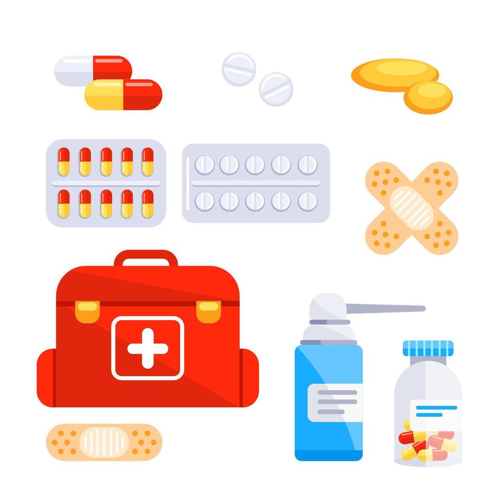 Medicine element isolated set. Medical instruments. Pills, first aid kit vector