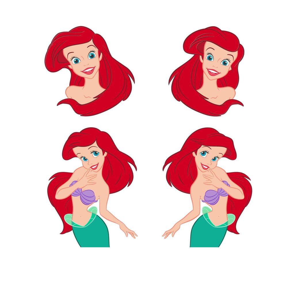 Disney princess animated character set mermaid ariel beautiful cartoon vector