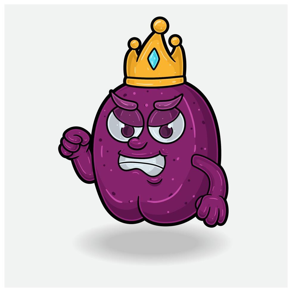 ciruela Fruta con enojado expresión. mascota dibujos animados personaje para sabor, cepa, etiqueta y embalaje producto. vector
