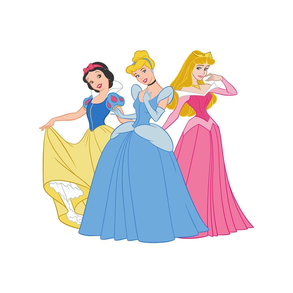 Disney princess animated character set snow white cinderella aurora cartoon vector