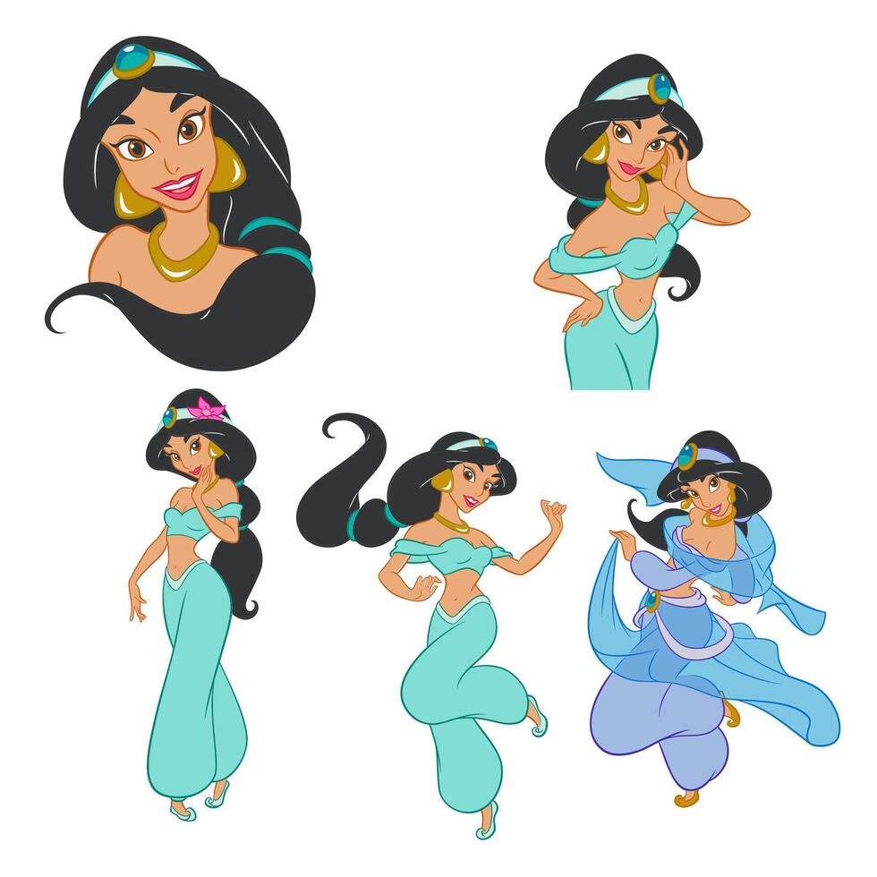 Disney princess animated character set jasmine beautiful cartoon vector