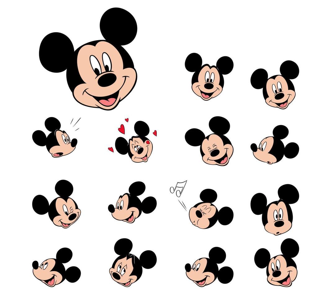 Disney animated character set mickey mouse face expression cartoon vector