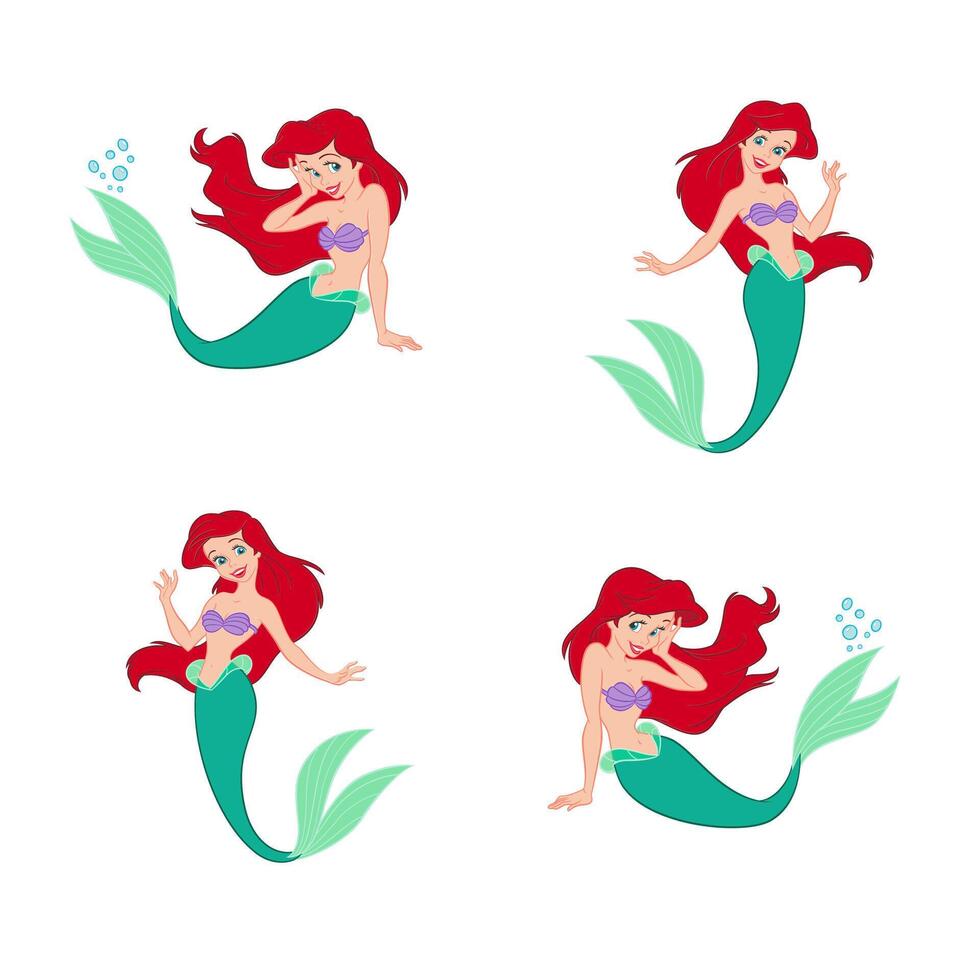 Disney animated character set ariel mermaid cartoon vector