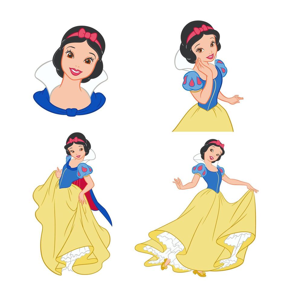 Disney princess animated character set snow white beautiful cartoon vector