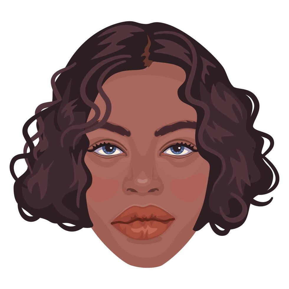 retrato de hermosa africano americano mujer. hembra cabeza ilustración. avatar. un niña con corto Rizado peinado. vector