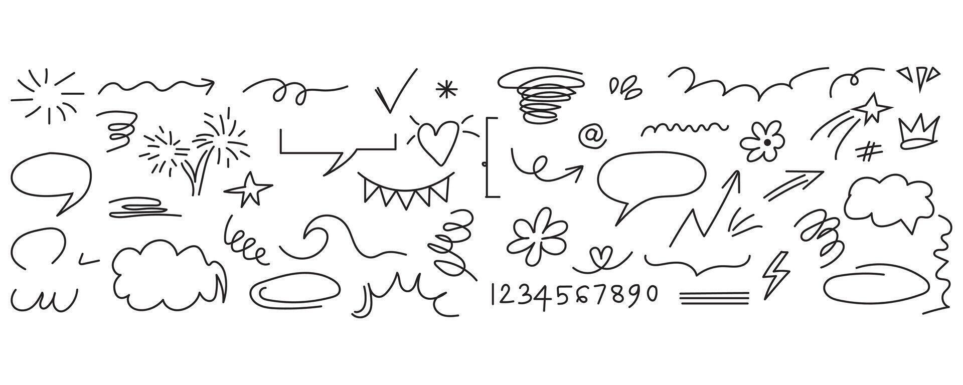 Hand drawn doodle design elements Sketch underline, emphasis, arrow shape set. brush stroke, highlight, speech bubble, underline, sparkle element. vector