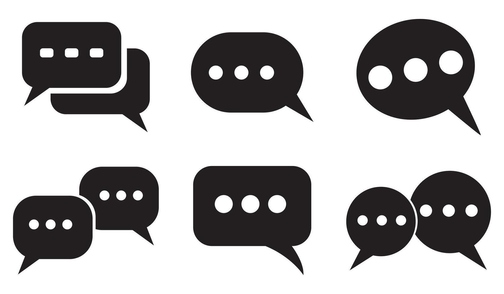 Messaging icon set. Chat speech and text forum symbol in a black filled style. Phone chat bubble vector