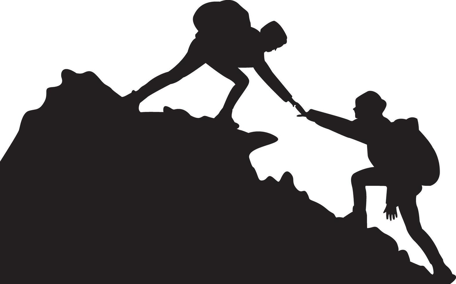 Silhouette of two people hiking climbing mountain and helping each other on top of mountain, helping hand and assistance concept vector