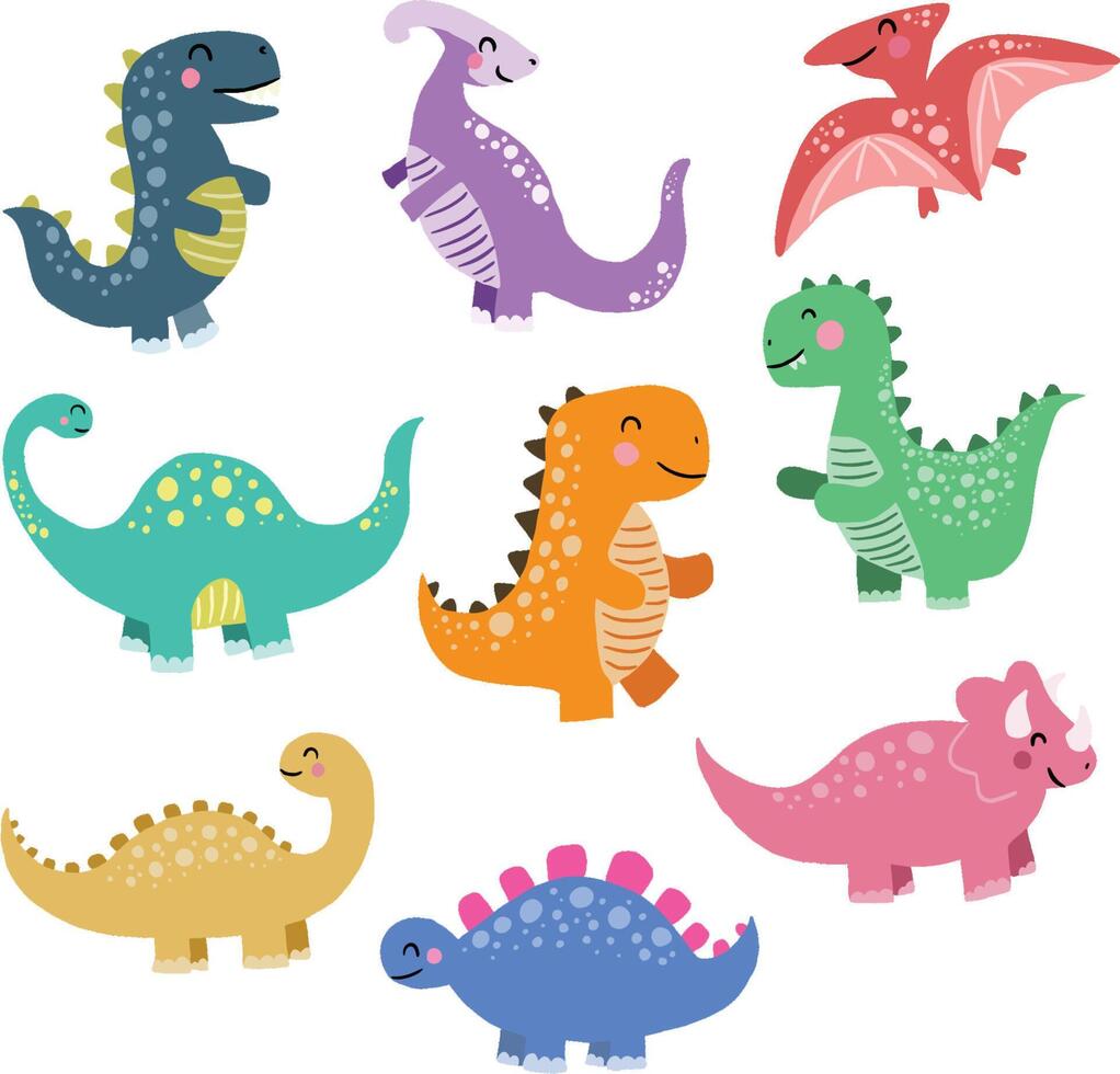 illustration of dinosaurs including Stegosaurus, Brontosaurus, Velociraptor, Triceratops, Tyrannosaurus rex, Spinosaurus, and Pterosaurs. vector