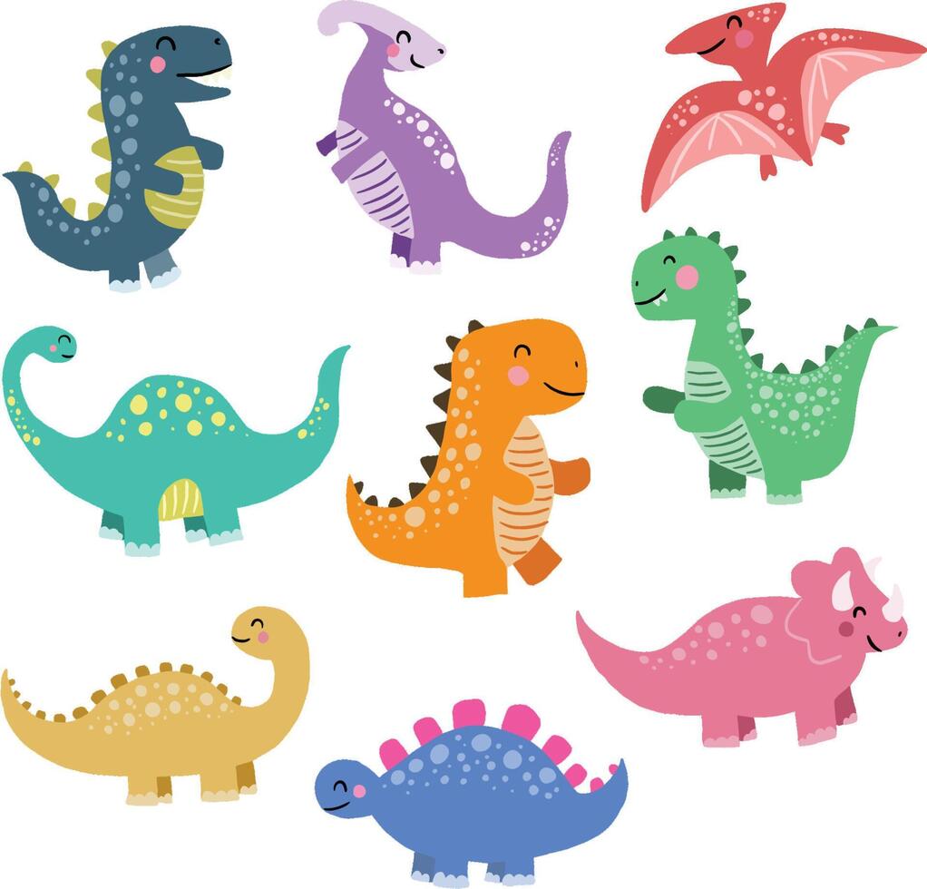 ilustración de dinosaurios incluso estegosaurio, brontosaurio, velociraptor, triceratops, tiranosaurio rex, espinosaurio, y pterosaurios vector