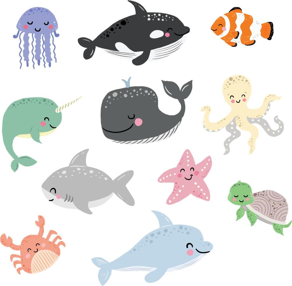 conjunto con mano dibujado mar vida elementos. mar animales garabatear dibujos animados conjunto de marina vida objetos para tu diseño. vector