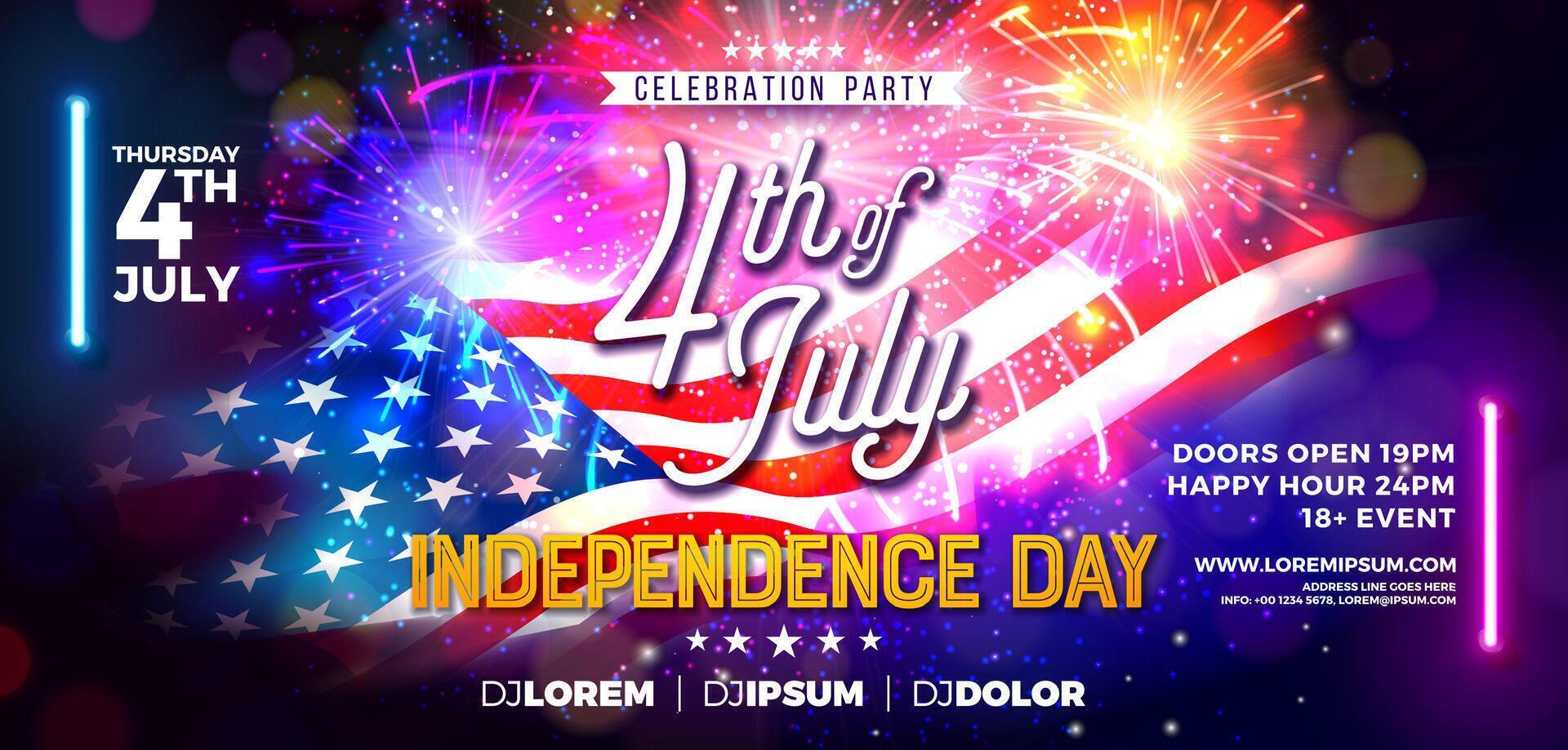 Independence Day of the USA Horizontal Party Banner Design with American Flag and Fireworks. Fourth of July Design on Night Blue Background for Celebration Flyer, Greeting Card, Invitation or vector