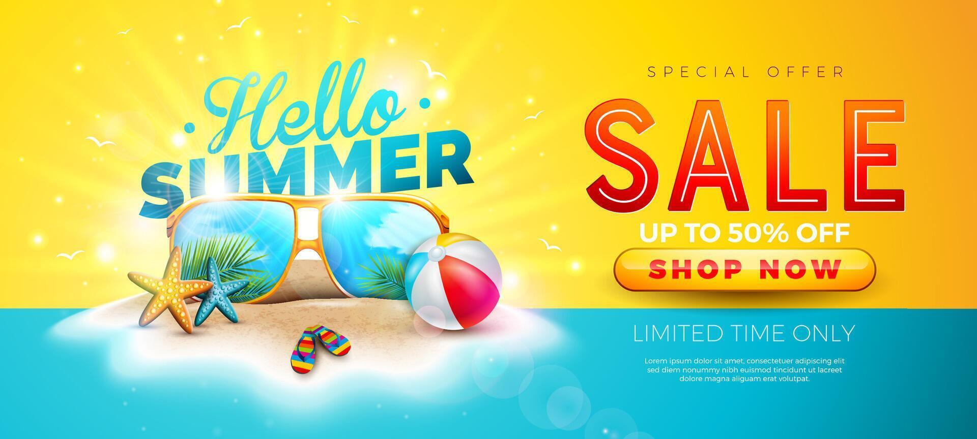 Summer Sale Design with Sunglasses, Beach Ball and Typography Lettering on Blue and Yellow Background. Tropical Illustration with Special Offer Label for Coupon, Voucher, Banner, Flyer vector