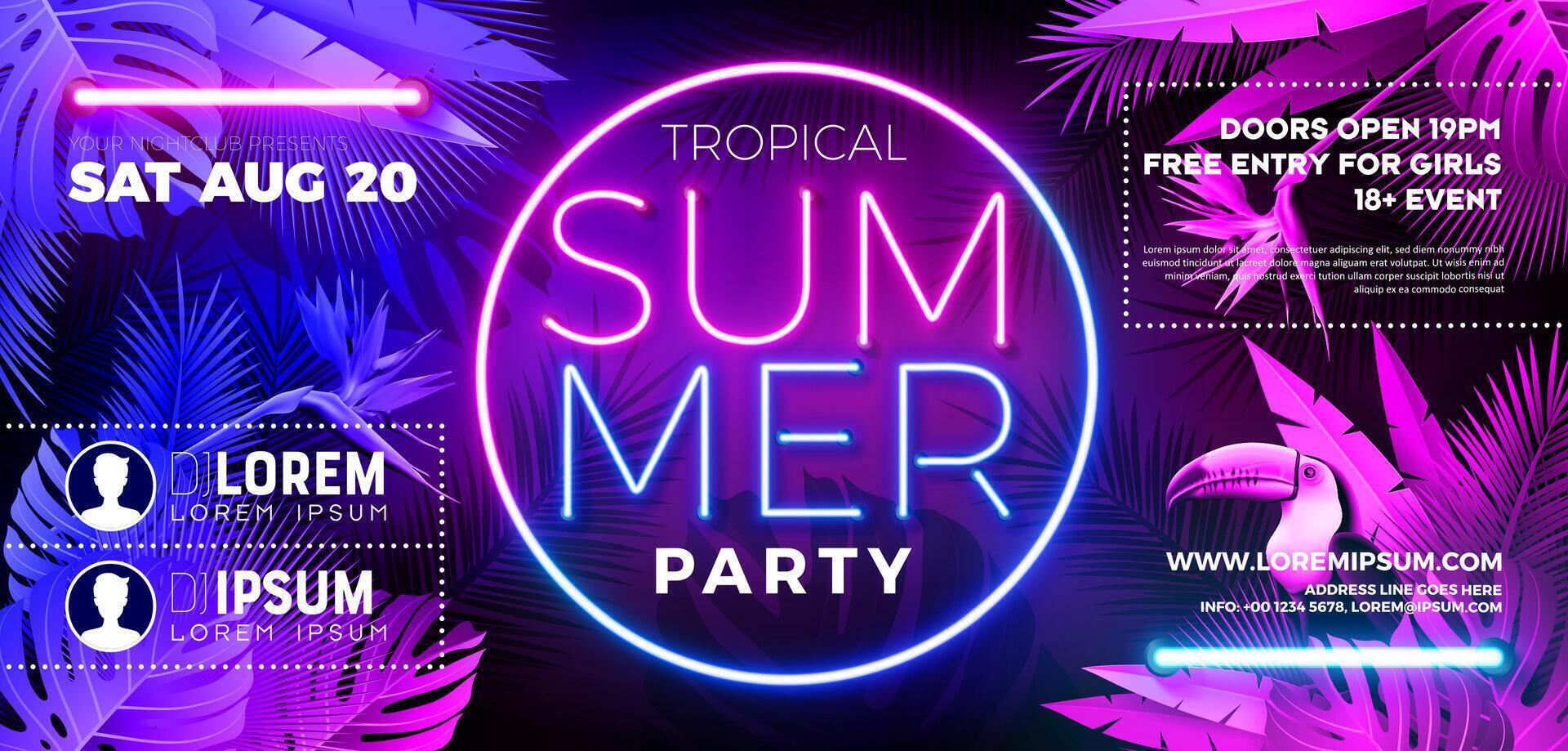 Summer Party Banner Design Template with Glowing Neon Light on Fluorescent Tropic Leaves Background. Summer Celebration Holiday Illustration for Banner, Flyer, Invitation or Celebration Poster. vector