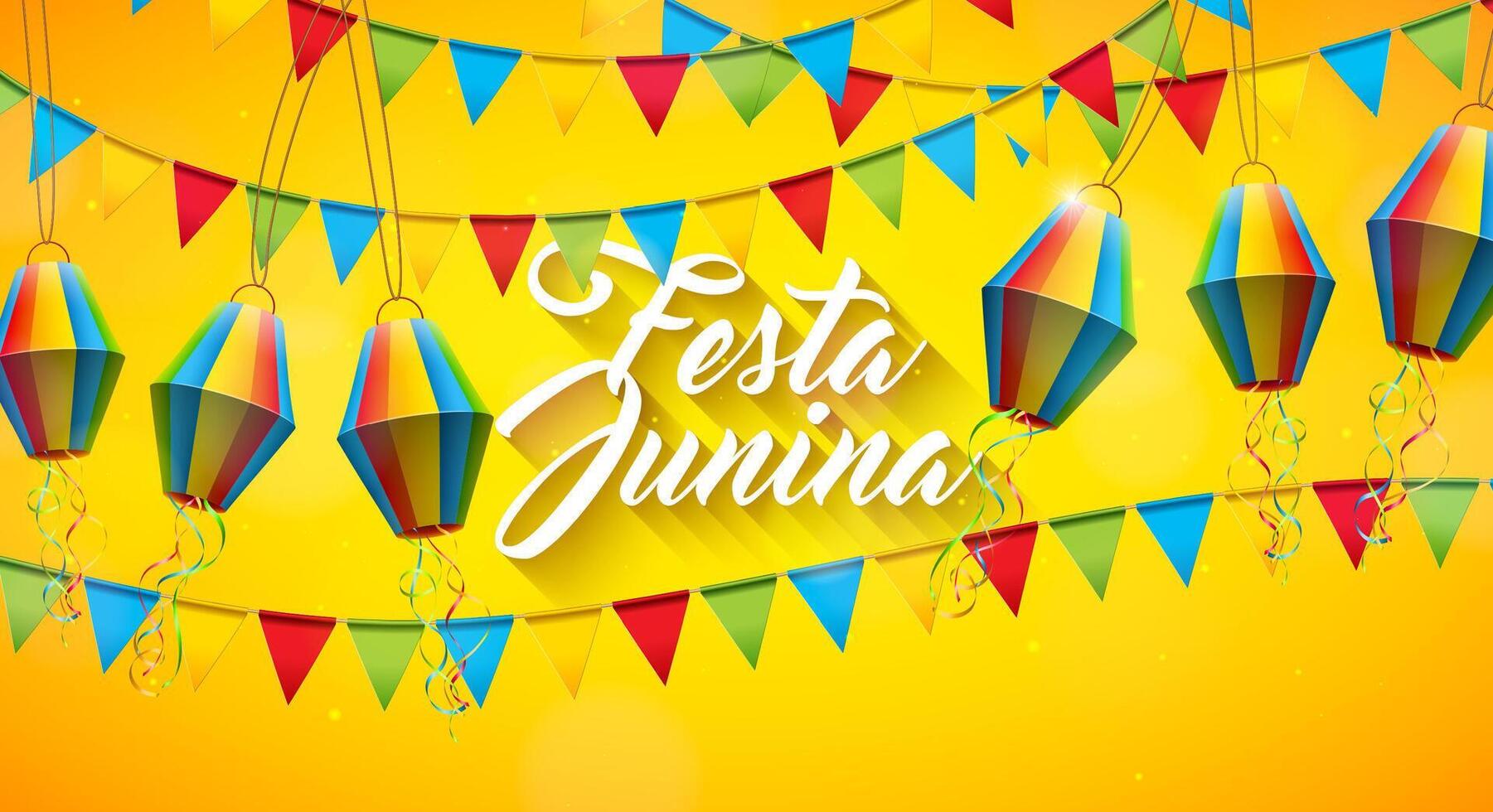 festa junina ilustración con fiesta banderas y papel linterna en amarillo antecedentes. Brasil junio tradicional fiesta festival diseño para celebracion bandera, saludo tarjeta, invitación o póster vector