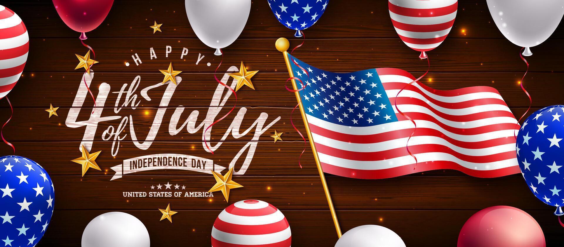 4th of July Independence Day of the USA Illustration with American Flag Pattern Heart, Gold Star and Falling Confetti on Blue Background. Fourth of July National Celebration Design with vector